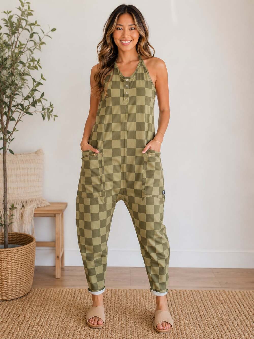 RAGS Women’s Olive Checkerboard Tank Romper Size S Snapless Cotton Jumpsuit NWT